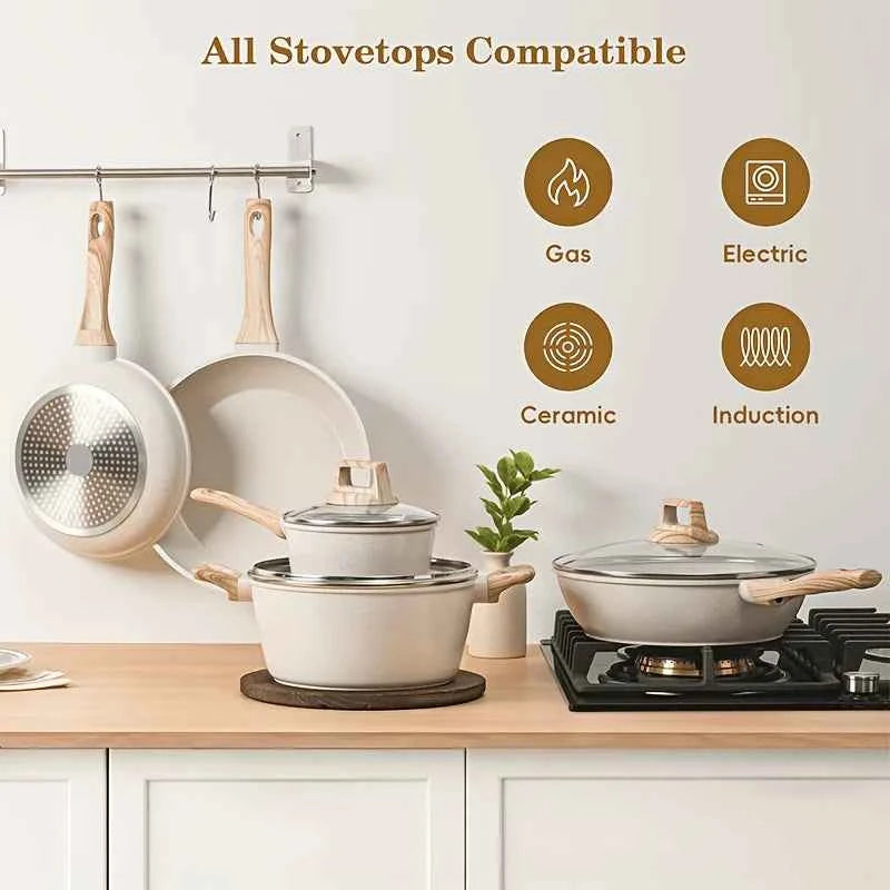12pcs  pots and pans set, pots and pans cookware sets,Non-Stick Granite Cookware Set Complete Kit with Frying Pans, Casserole, Saucepan, Lids Compatible, Pan Protector - Heavy-Duty Durable Cookware for All Stovetops (Hindu/In