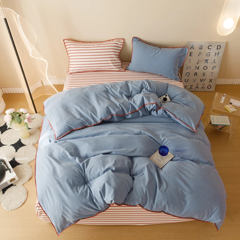 Blue Protein Durable Washed Cotton Bedding Set Striped Color Block Shell Embroidery Comforter Cover with Standard Pillowcases