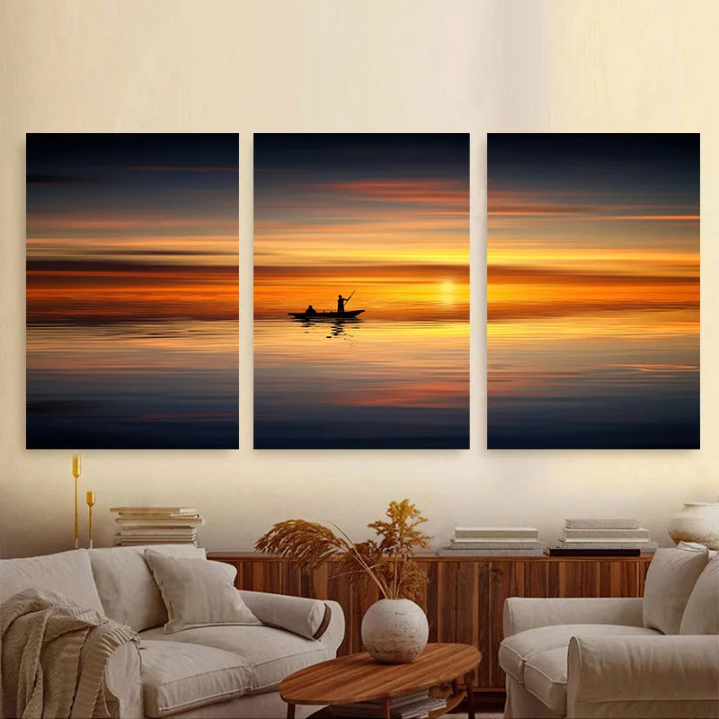 3pcs Framed Seaside Scenery Wall Art Canvas Painting Nordic Beach Sunset Print Poster Modern Living Room Home Decor Mural