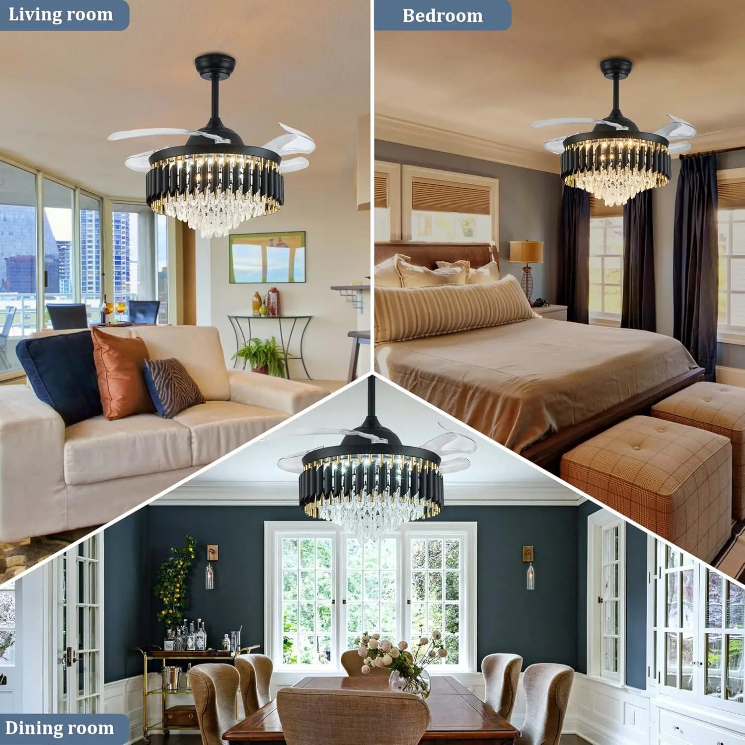 42 Inch Dimmable Crystal Ceiling Fans with Light Modern Chandelier Fan LED Fandelier with Remote 6 Speed, 3 Light Change Retract