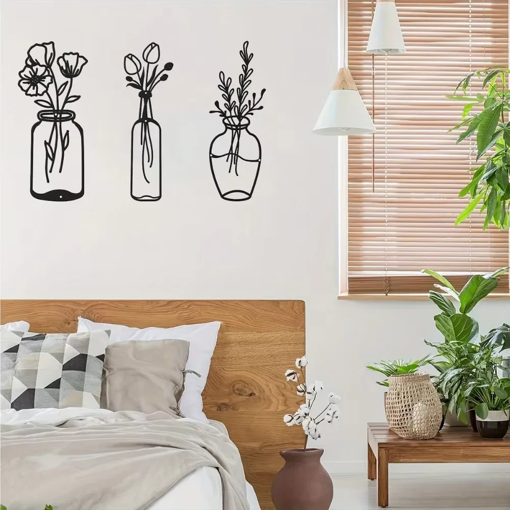 "Uniquely Elegant: Metal Tulip Wall Decor, 3-Piece Black Iron Wire Sculpture for Kitchen & Bathroom Makeover