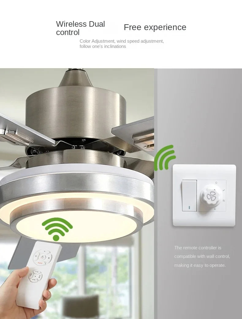 Modern Stainless Steel Ceiling Fan Lights with Lights Restaurant Fan Lights, Remote Dimming, Energy-saving Silent Pendant Lights