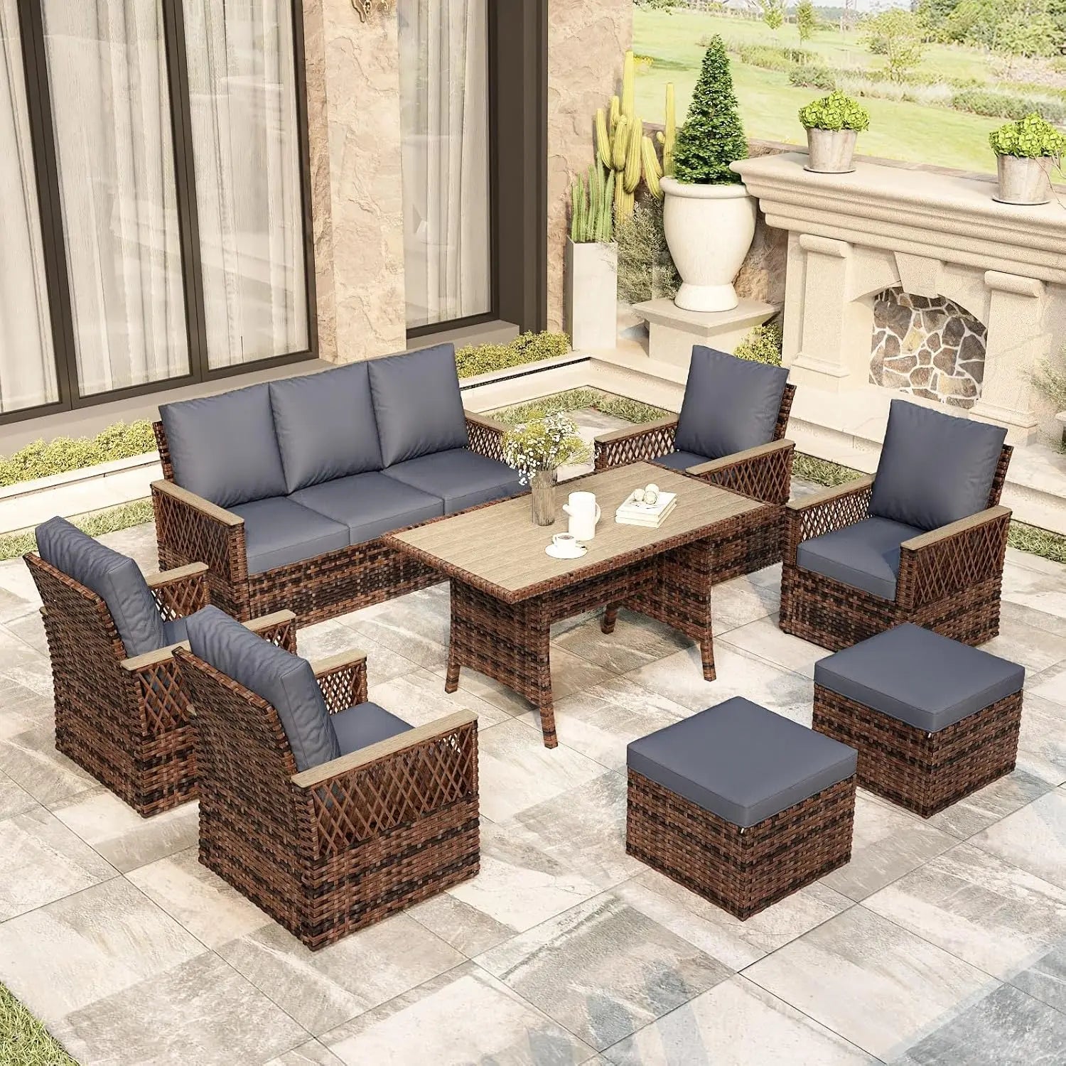 8pc Patio Set Wicker Chairs Ottoman 3 Seat Sofa Dining Table All Weather Cushion High Back Garden Backyard,Custom
