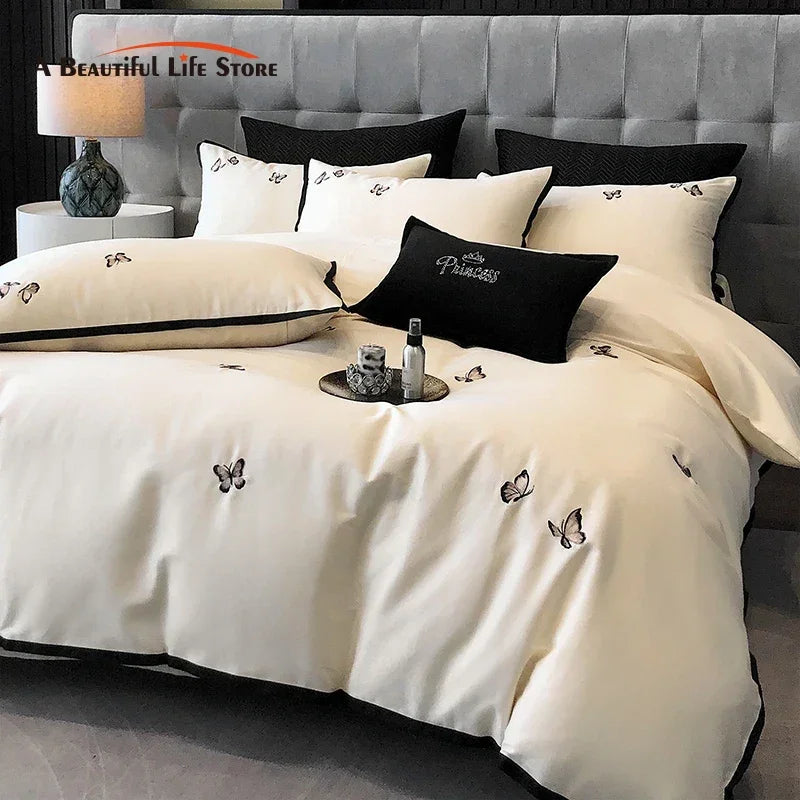 600TC Egyptian Cotton Chic Butterfly Embroidery Bedding Set 100% Cotton Duvet Cover Set Flat/Fitted Bed Sheet Pillowcases 4Pcs