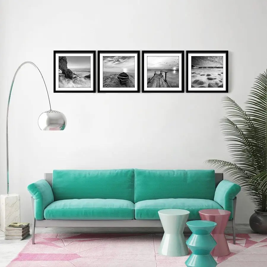 Panels Set Framed Canvas Print for Seascape Beach and Boat Sunrise Scenery Black and White Giclee Canvas Print Wall Art Ready to
