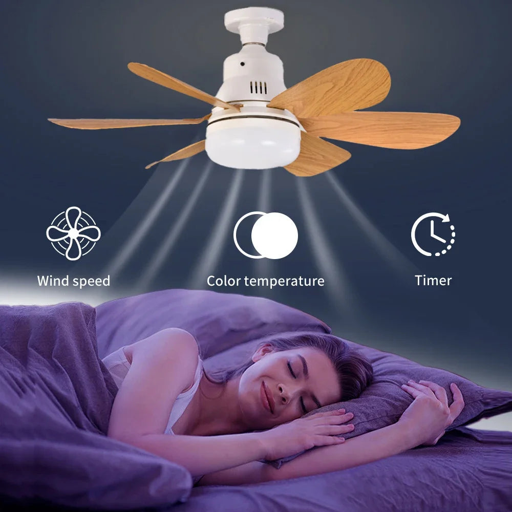 Socket Wood Grain Fan Light with Remote Control,Suitable for Living Room, Study, Household Use Ceiling Fan Light 6 Blades