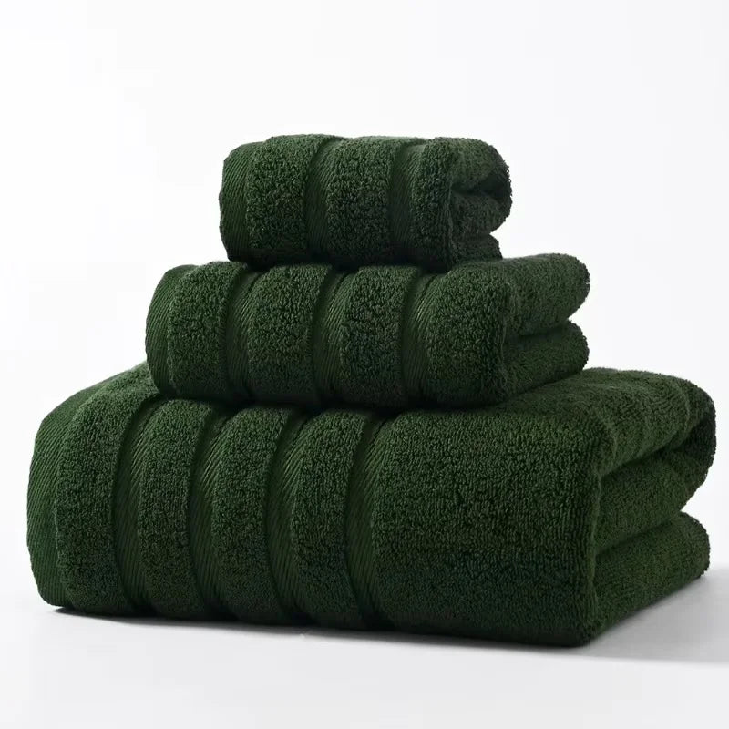 High Quality 100%Cotton Towel Set Bundle,Solid Dark Green Hand+Face+Bath Towel,Soft Absorbent Washcloth For Hotel Home Gift 3pcs
