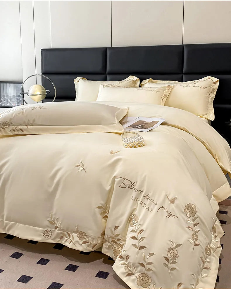 Golden Flowers Sea Embroidery Bedding Set Luxury Beige Cotton Duvet Cover Flat or Fitted Bed Sheet Pillowcases Solid Color