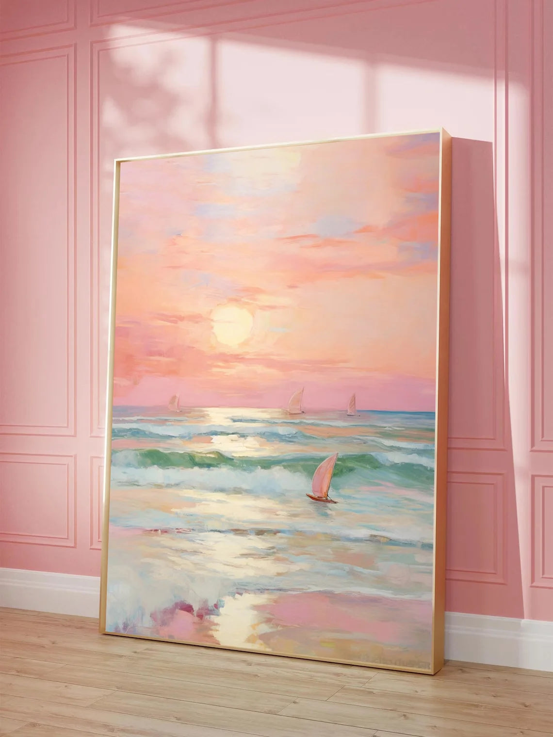 Pastel Sunset Print Blush Pink Coastal Beach Preppy Ocean Painting Poster Boho Wall Art Decor Girly Dorm Teen Room Prints Framed