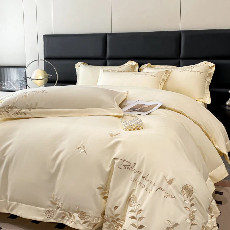 Golden Flowers Sea Embroidery Bedding Set Luxury Beige Cotton Duvet Cover Flat or Fitted Bed Sheet Pillowcases Solid Color