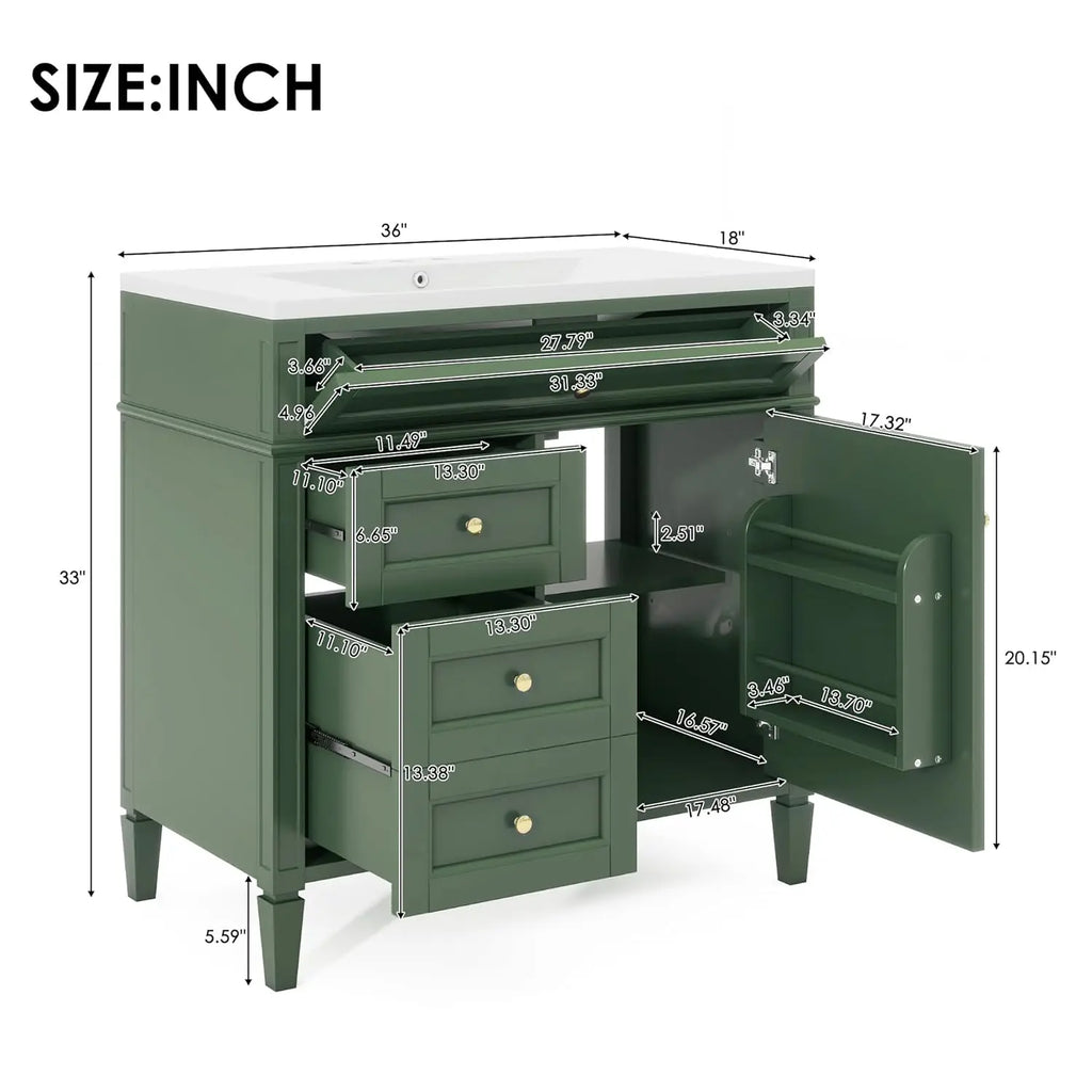 36in Solid Wood Bathroom Vanity with Soft-Close Doors & Tip-Out Drawer Undermount Sink Cabinet Green Customized