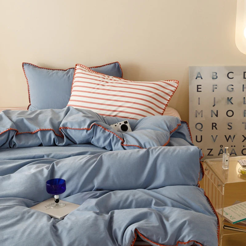 Blue Protein Durable Washed Cotton Bedding Set Striped Color Block Shell Embroidery Comforter Cover with Standard Pillowcases