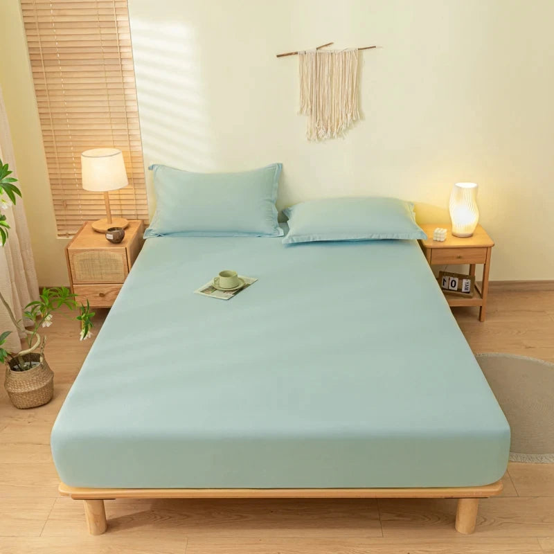 Solid Color Brushed Fitted Bed Sheet Set with 2 Pillowcases Soft Comfortable Non Slip Mattress Protector Cover for Single Double