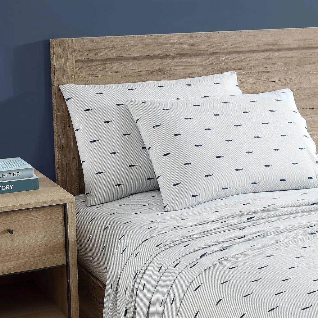 Full Size Cotton Percale Sheet Sets, Crisp & Cool Bedding in Whale Stripe Blue for Coastal Home Decor