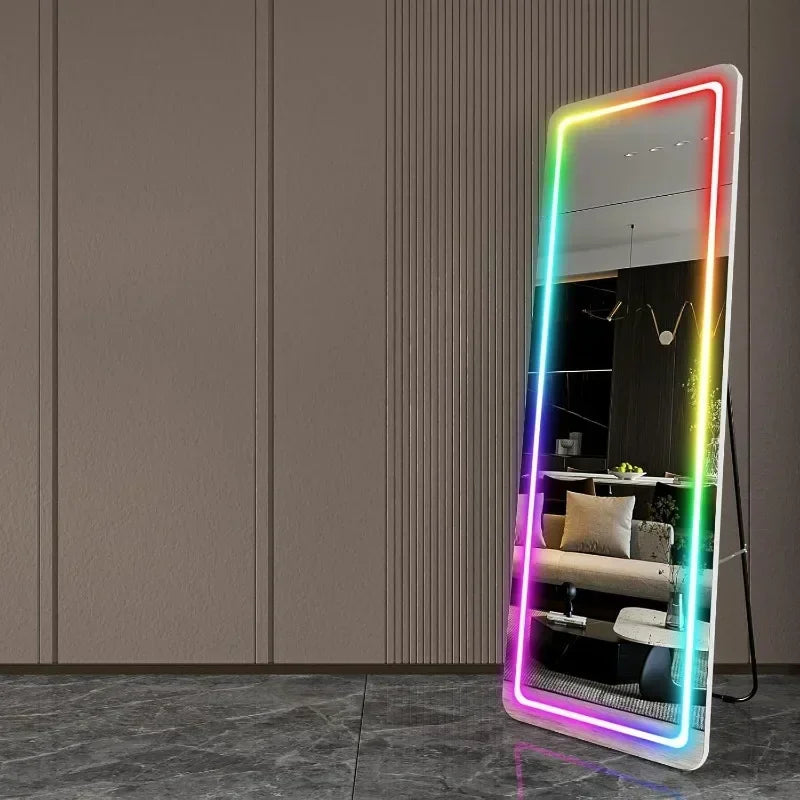 RGB LED Full Length Mirror With Lights, 63"x20" Floor Mirror Dimming Lights, Standing Wall Mounted Hanging
