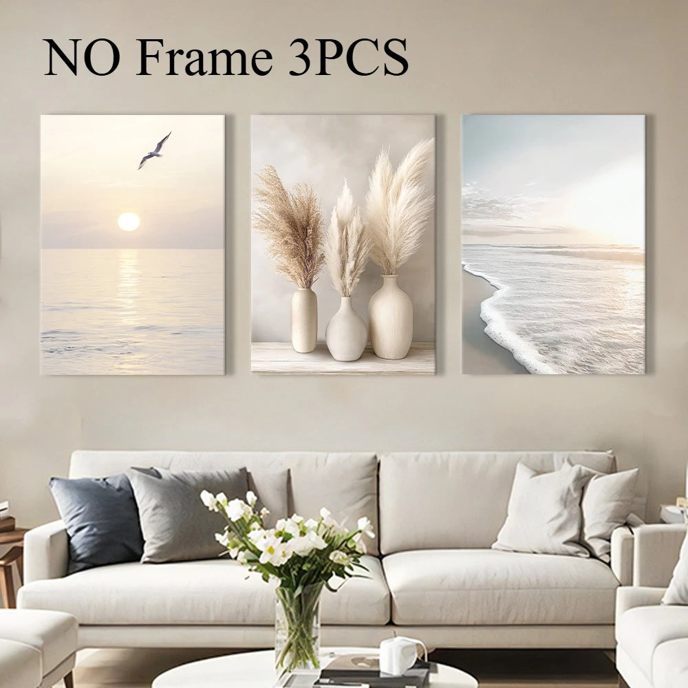 Sunrise Beach Waves Beige Landscape Poster Summer Beach Landscape Framed Canvas Painting Nature Landscape Office Home Decorating