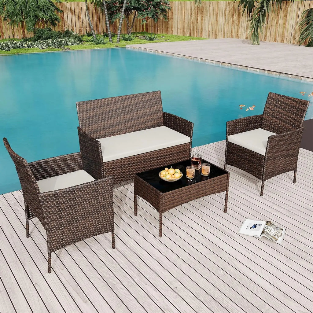 4pcs Patio Furniture Set, 1 Glass Coffee Table And 3 Cushioned Chairs, Outdoor Furniture For Garden Balcony Backyard Poolside