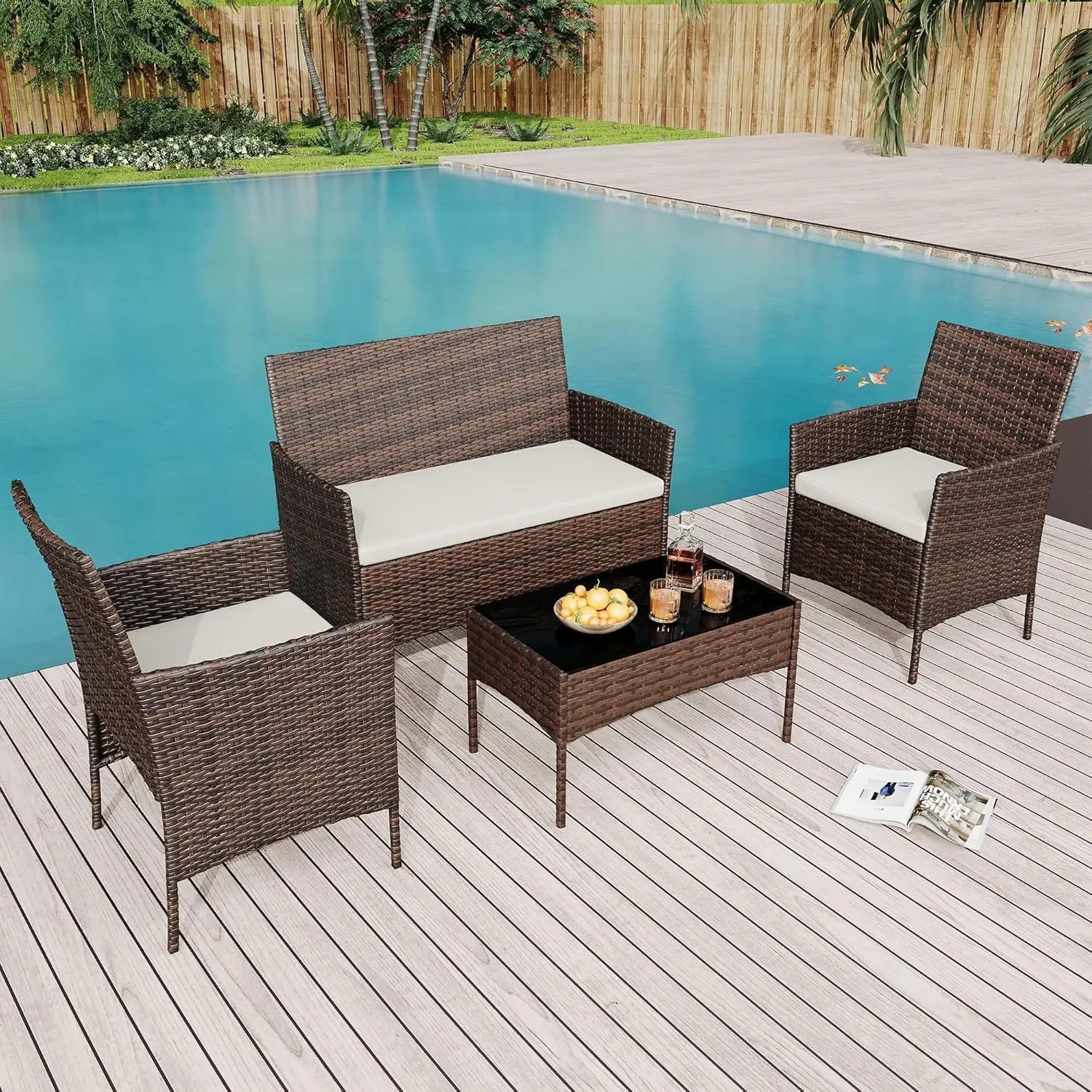 4pcs Patio Furniture Set, 1 Glass Coffee Table And 3 Cushioned Chairs, Outdoor Furniture For Garden Balcony Backyard Poolside