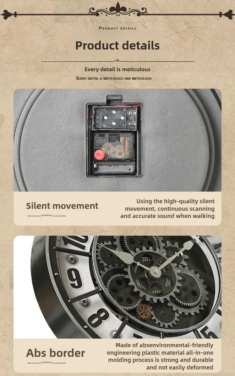 Retro Industrial Roman Wall Clock  Gear Rotation Clock Living Room Decorative Wall Clock Stylish Silent Wall Clock Quartz Clock