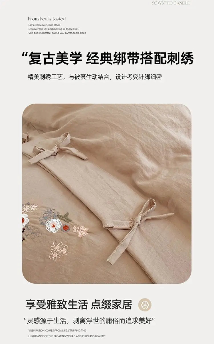 New Chinese embroidery washed cotton soft quilt cover bed sheet four-piece set
