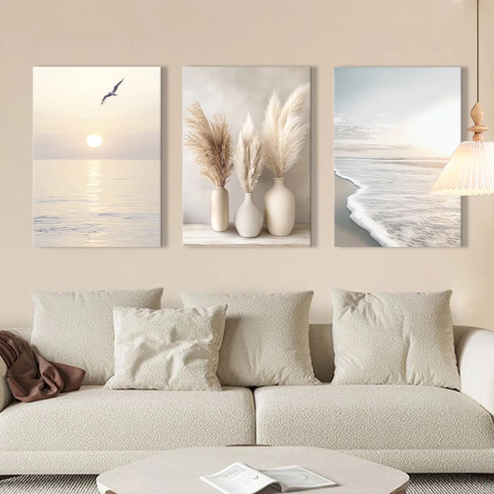 Sunrise Beach Waves Beige Landscape Poster Summer Beach Landscape Framed Canvas Painting Nature Landscape Office Home Decorating