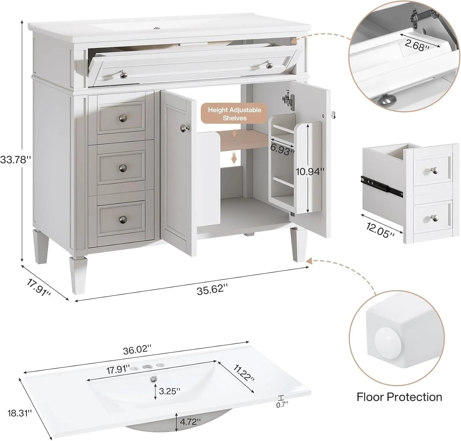 36" Bathroom Vanity with Sink with 4 Drawers & 2 Doors, Bathroom Sink Cabinet