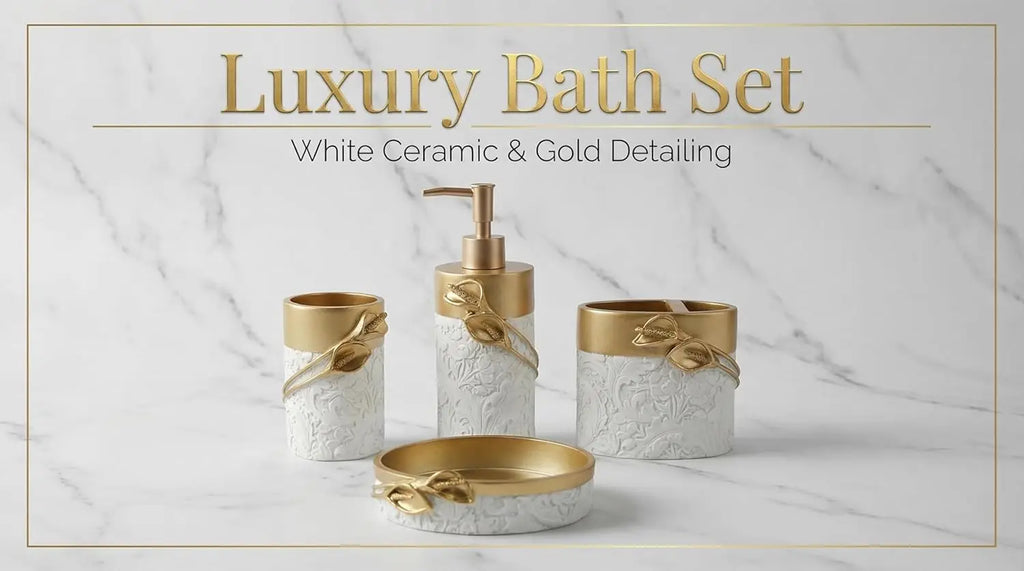 Golden Farmhouse Bathroom Decor Set, 4-Piece Resin Accessories with Toothbrush Holder and Soap Dispenser