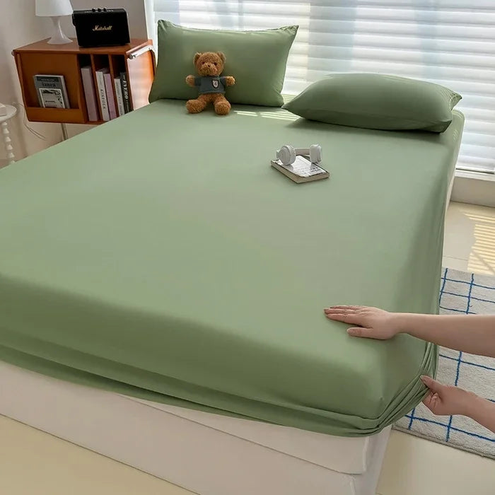 Solid  Colour Washed Fitted Sheet with Elastic Bands Non Slip Adjustable Mattress Cover for Single Double King Queen Bed
