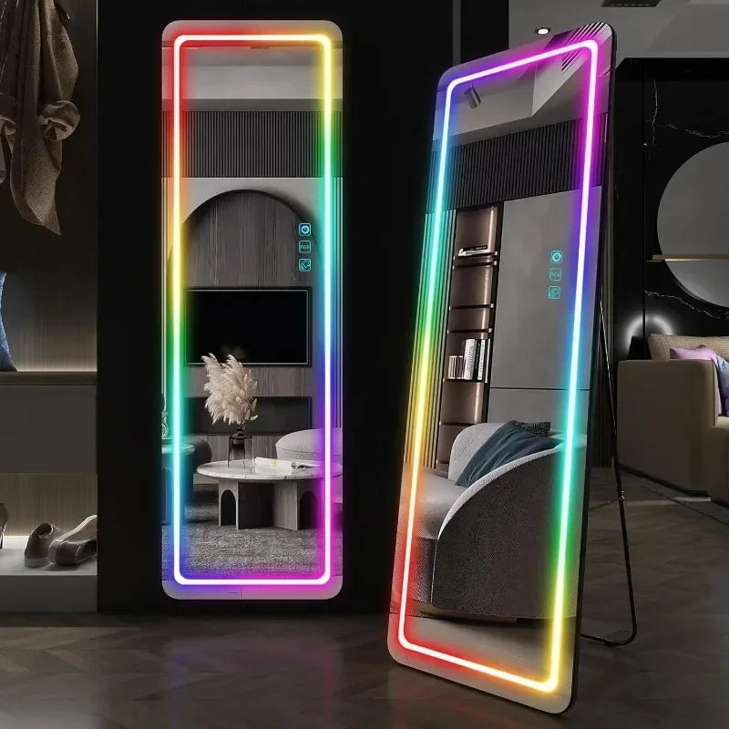 RGB LED Full Length Mirror With Lights, 63"x20" Floor Mirror Dimming Lights, Standing Wall Mounted Hanging