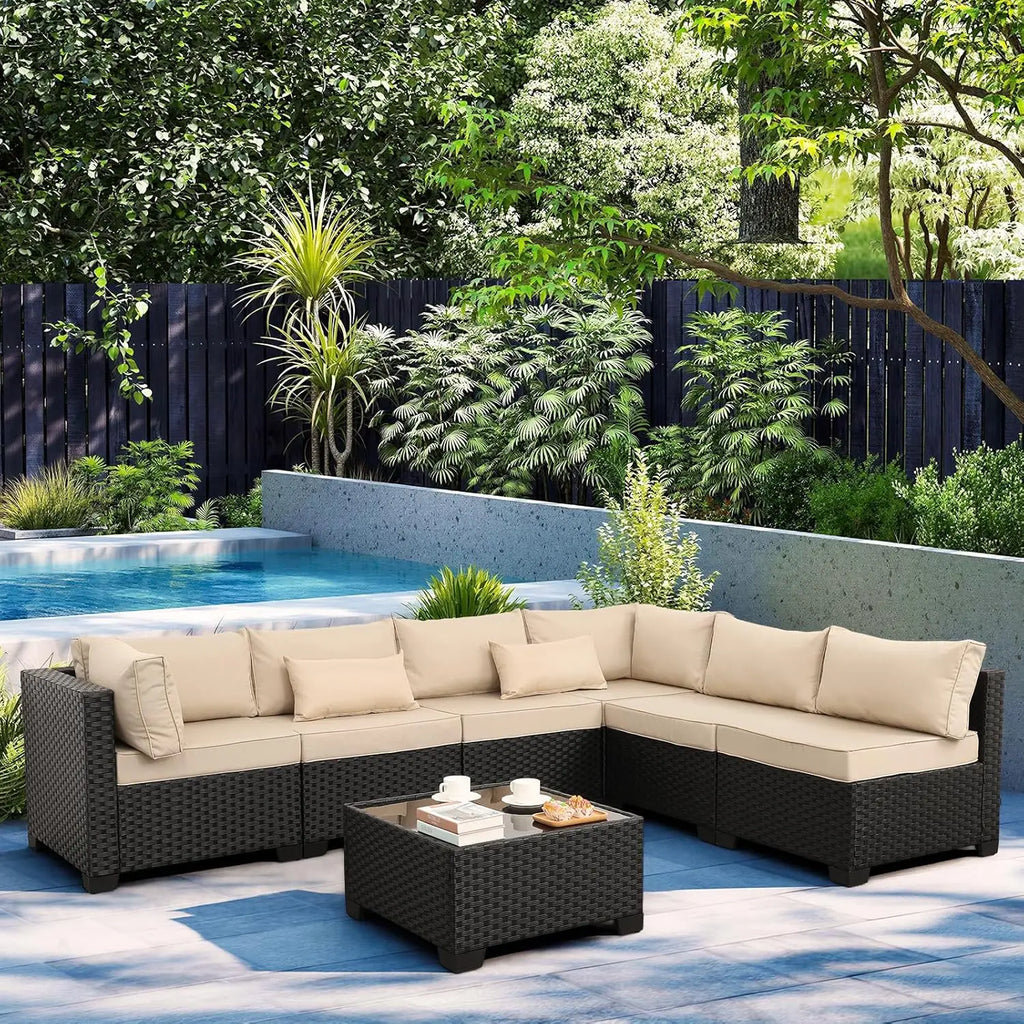 7 Pieces Outdoor PE Wicker Furniture Set Patio Rattan Sectional Conversation Sofa Set with Khaki Cushions and Glass Top T