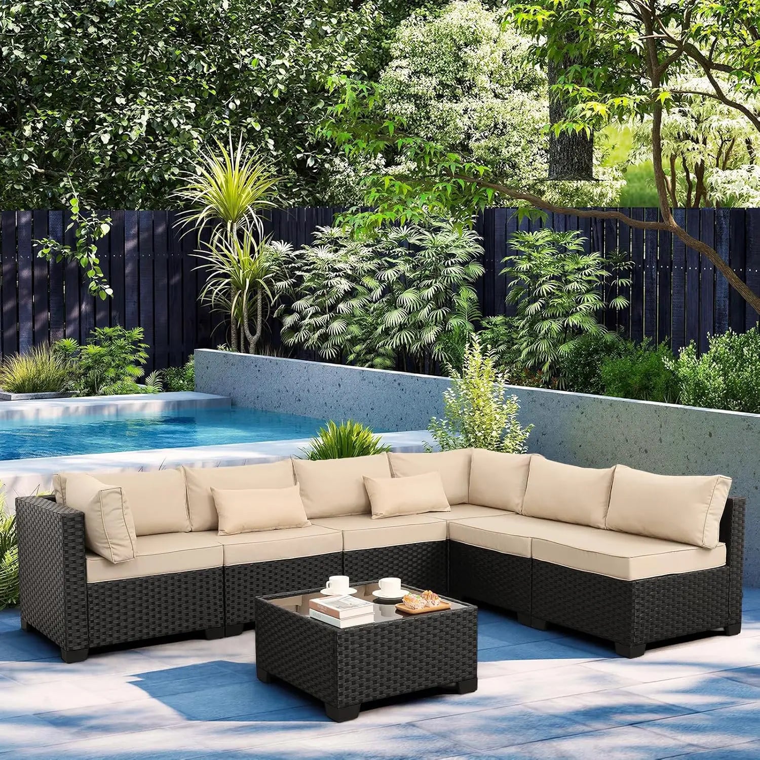 7 Pieces Outdoor PE Wicker Furniture Set Patio Rattan Sectional Conversation Sofa Set with Khaki Cushions and Glass Top T