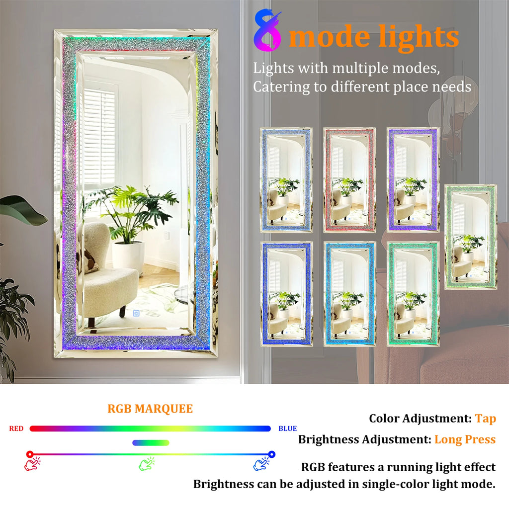 120x60cm LED Full Length Mirror with 7 Colors RGB Lights and Crushed Diamond Full Body Wall Mirror for Living Room, Bedroom