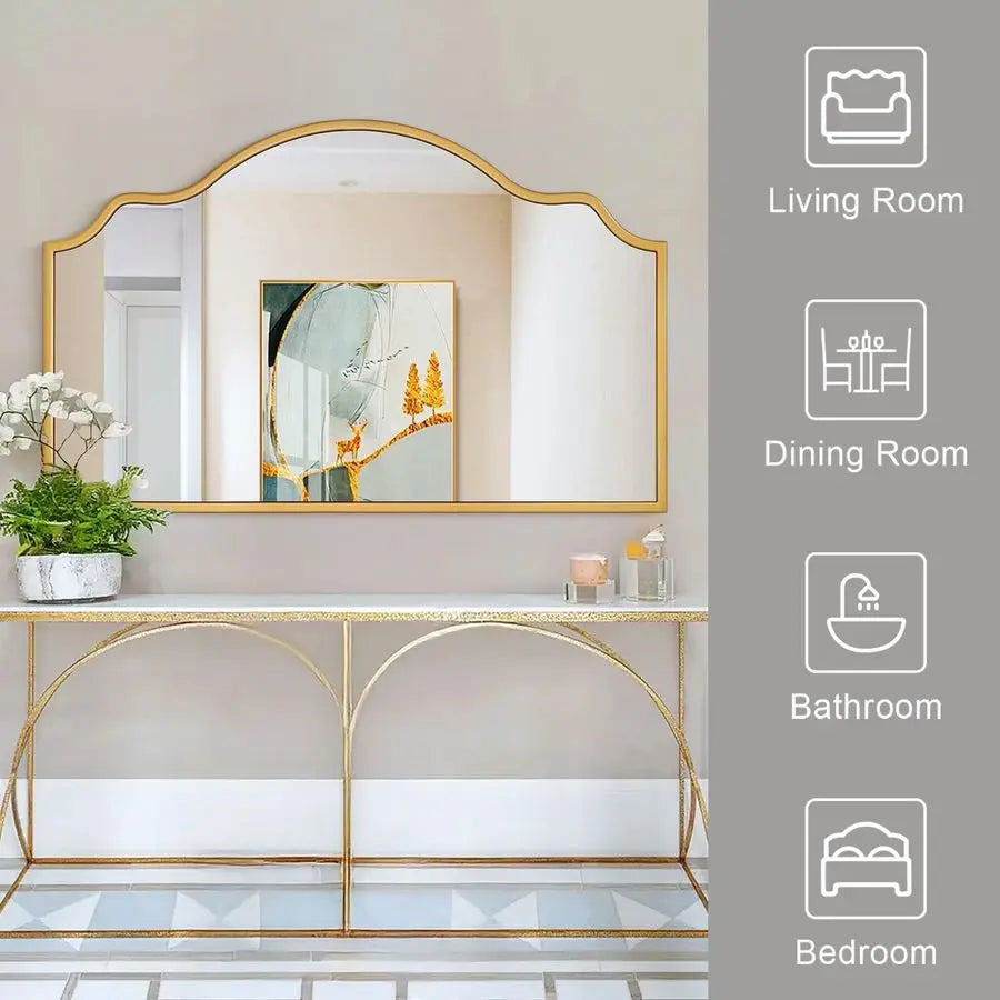Wide Arched Mirror, 55x32 Large Gold Mirrors for Wall Decor Mantel Fireplace, Modern Scalloped Mirror for Dining Room, Entryway