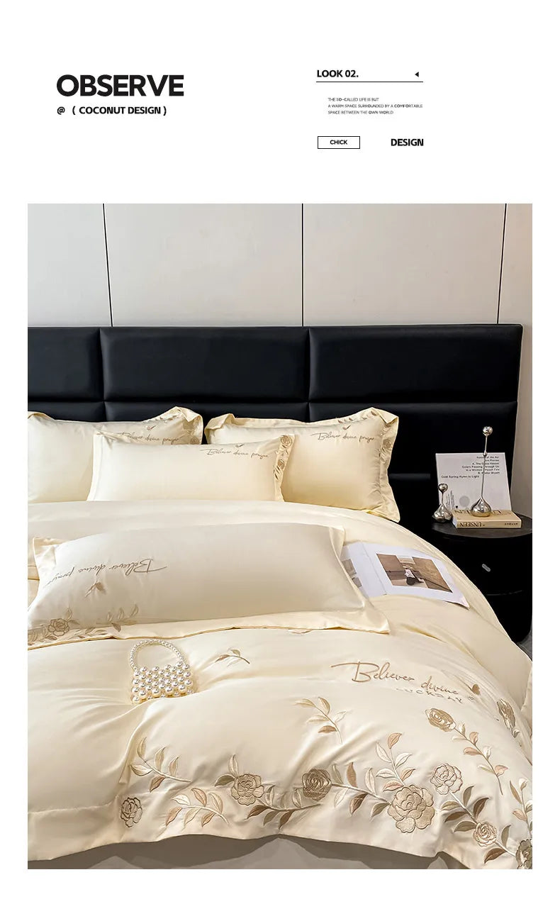 Golden Flowers Sea Embroidery Bedding Set Luxury Beige Cotton Duvet Cover Flat or Fitted Bed Sheet Pillowcases Solid Color