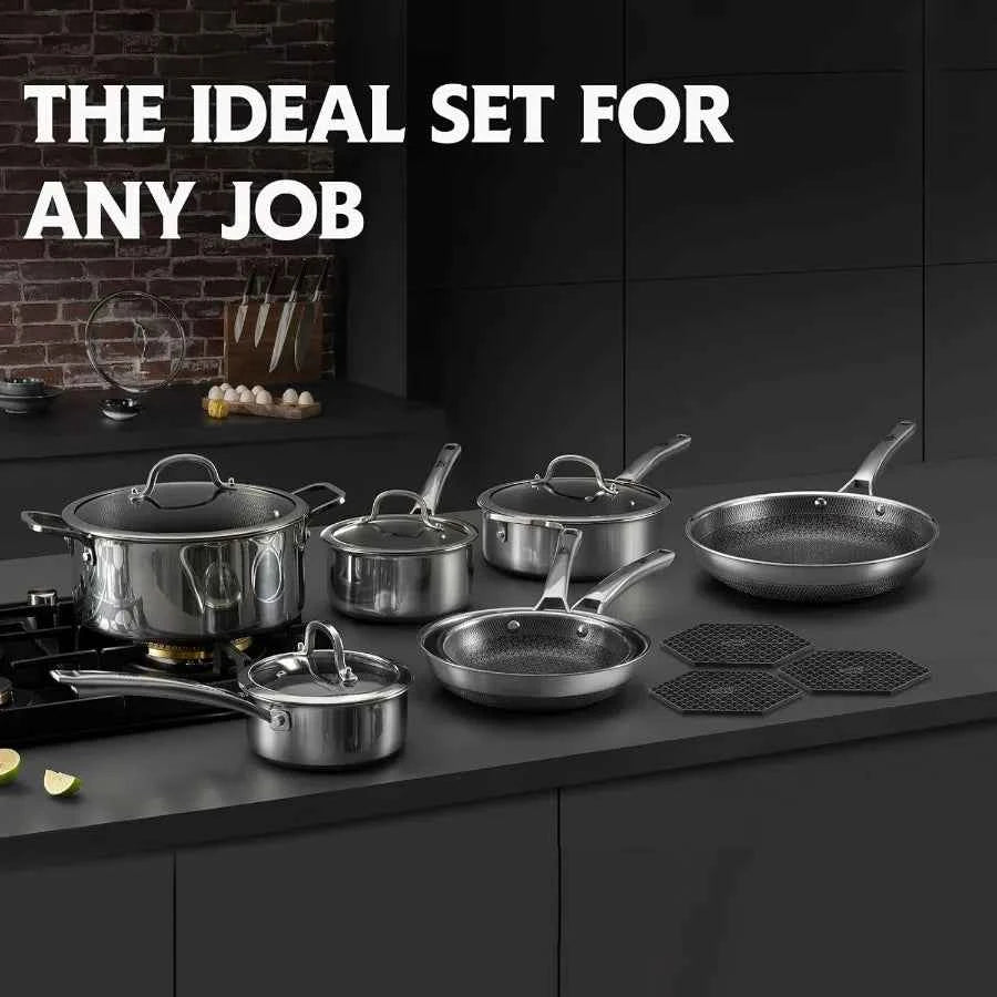 SNOWCLAD Pots and Pans Set Non Stick 14 Pcs Hybrid Stainless Steel Cookware Sets Non Stick Frying Pans Saucepans Saute Pan and