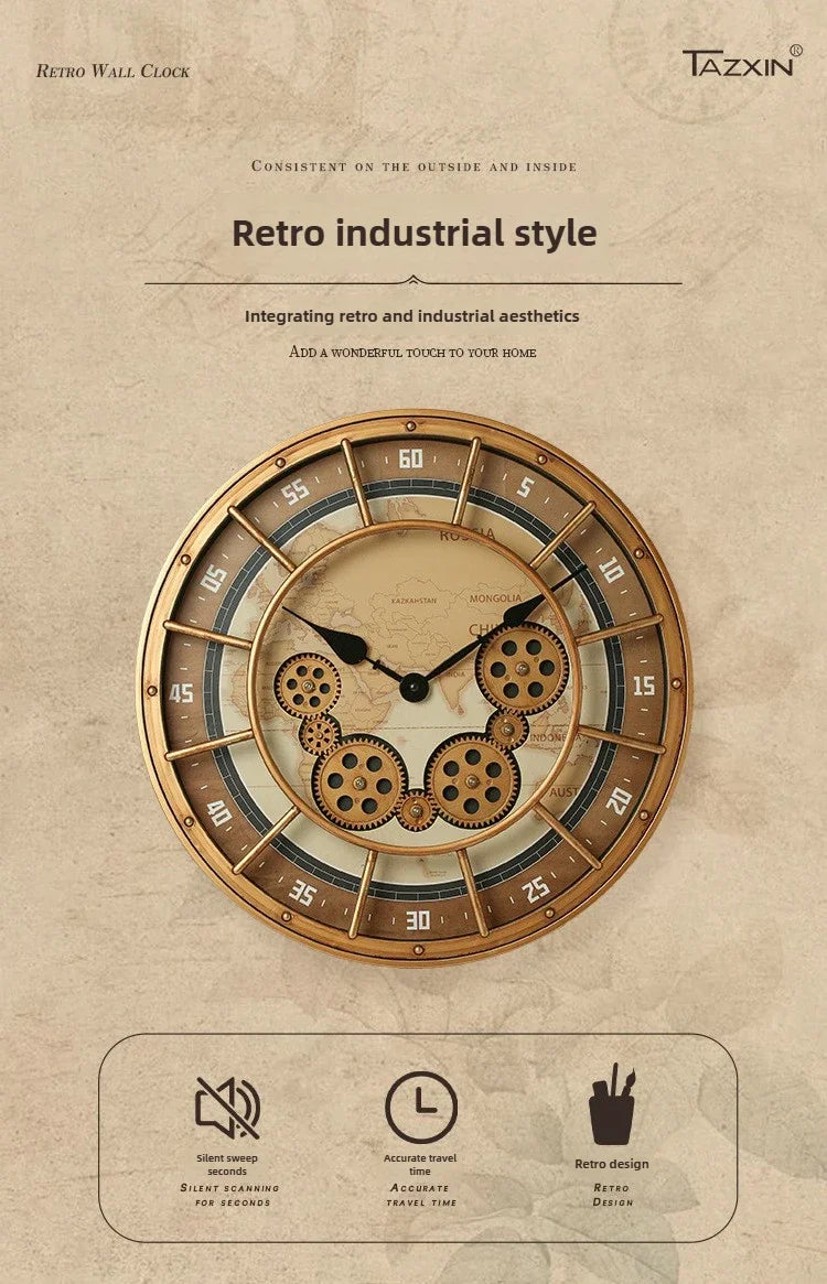 Retro Industrial Roman Wall Clock  Gear Rotation Clock Living Room Decorative Wall Clock Stylish Silent Wall Clock Quartz Clock