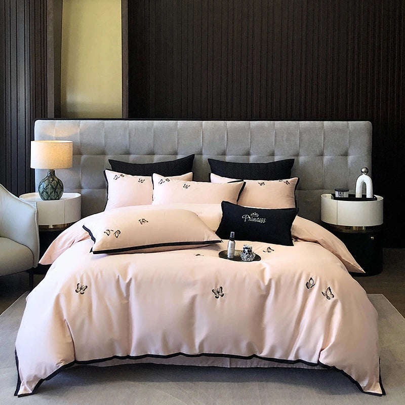 600TC Egyptian Cotton Chic Butterfly Embroidery Bedding Set 100% Cotton Duvet Cover Set Flat/Fitted Bed Sheet Pillowcases 4Pcs