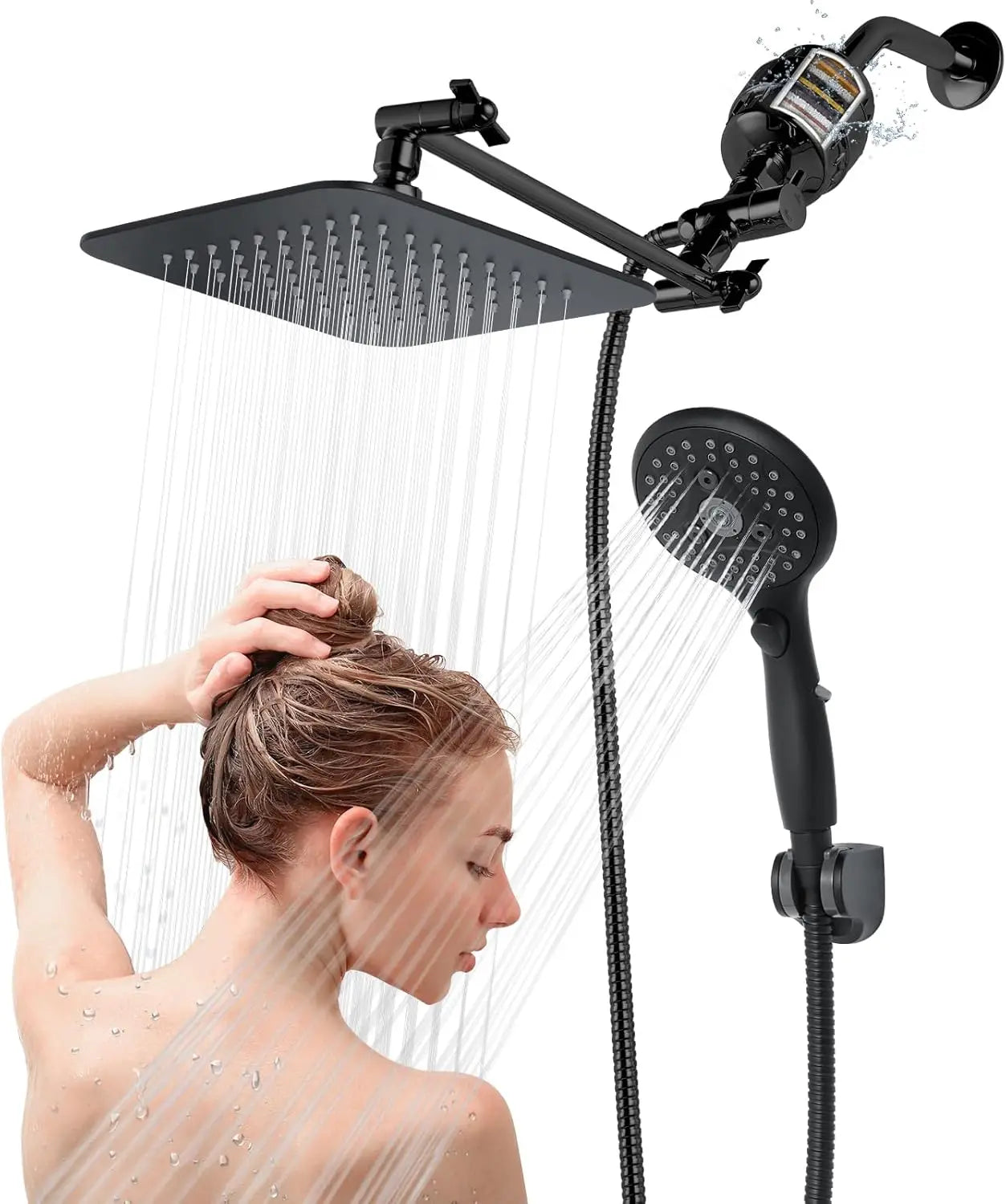 8'' Dual Filter Shower Head with Handheld, 6 Spray Settings High Pressure Rainfall Combo, Adjustable Arm & Hose