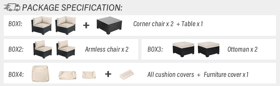 7 Pieces Outdoor PE Wicker Furniture Set Patio Rattan Sectional Conversation Sofa Set with Khaki Cushions and Glass Top T