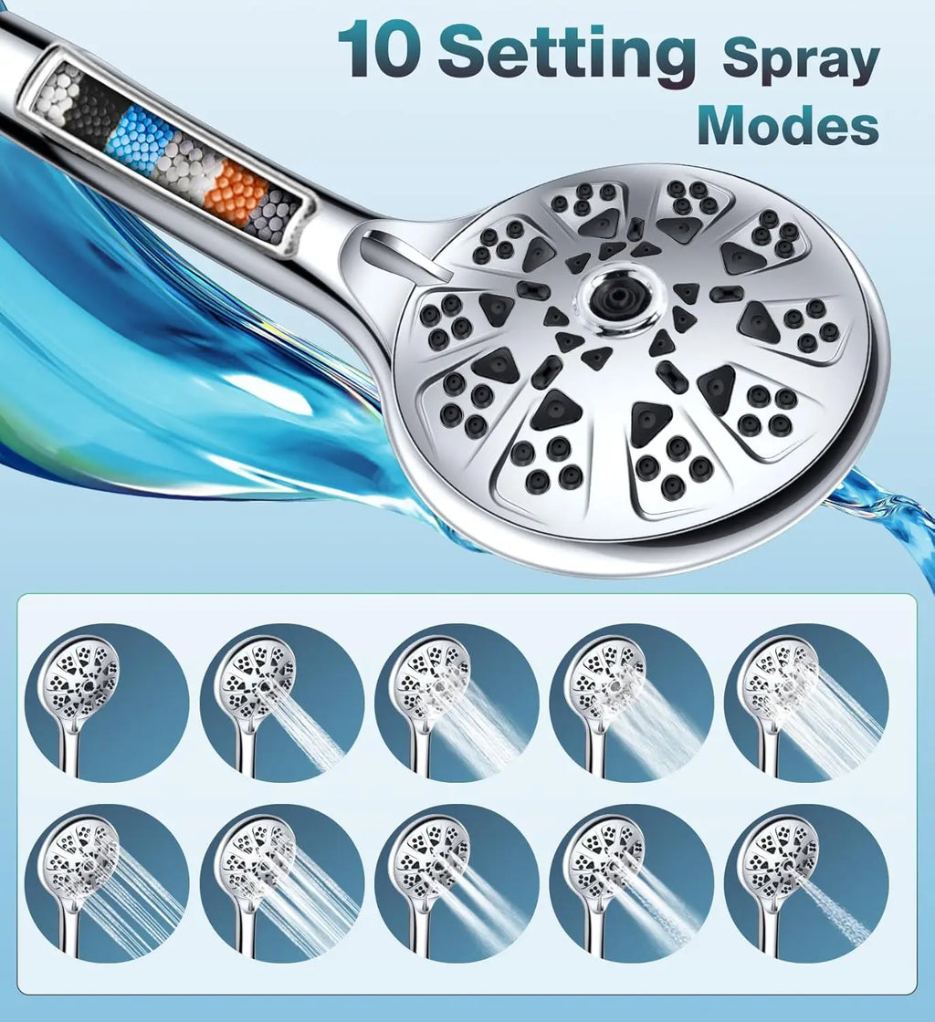 Dual Filter Rain Shower Head Combo with High Pressure, 10 Modes Handheld and 6 Inch Rainfall for Hard Water