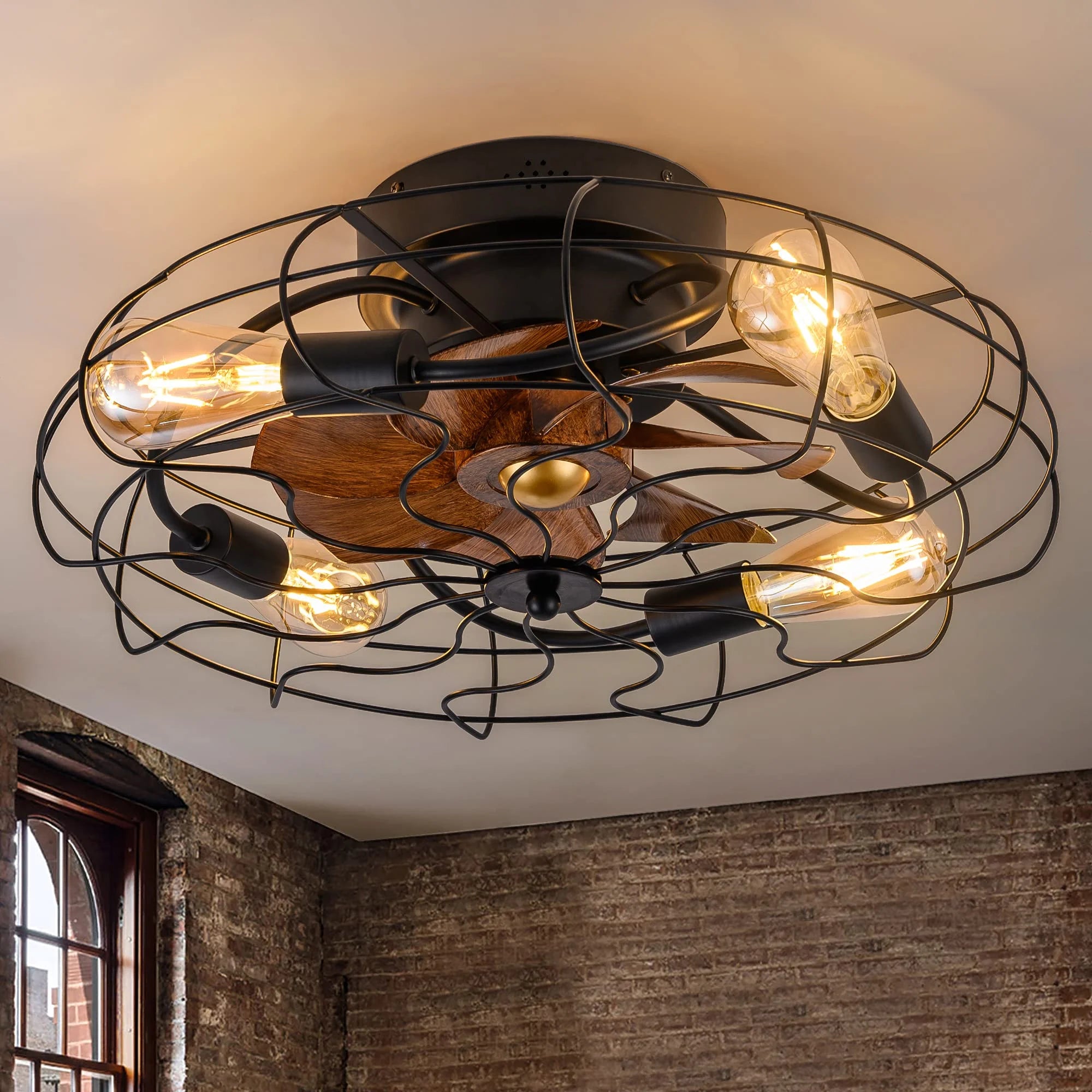 21" Low Profile Caged Ceiling Fan with Lights Remote Control,  Bulb not Included, Farmhouse Small Industrial Black Ceiling Light