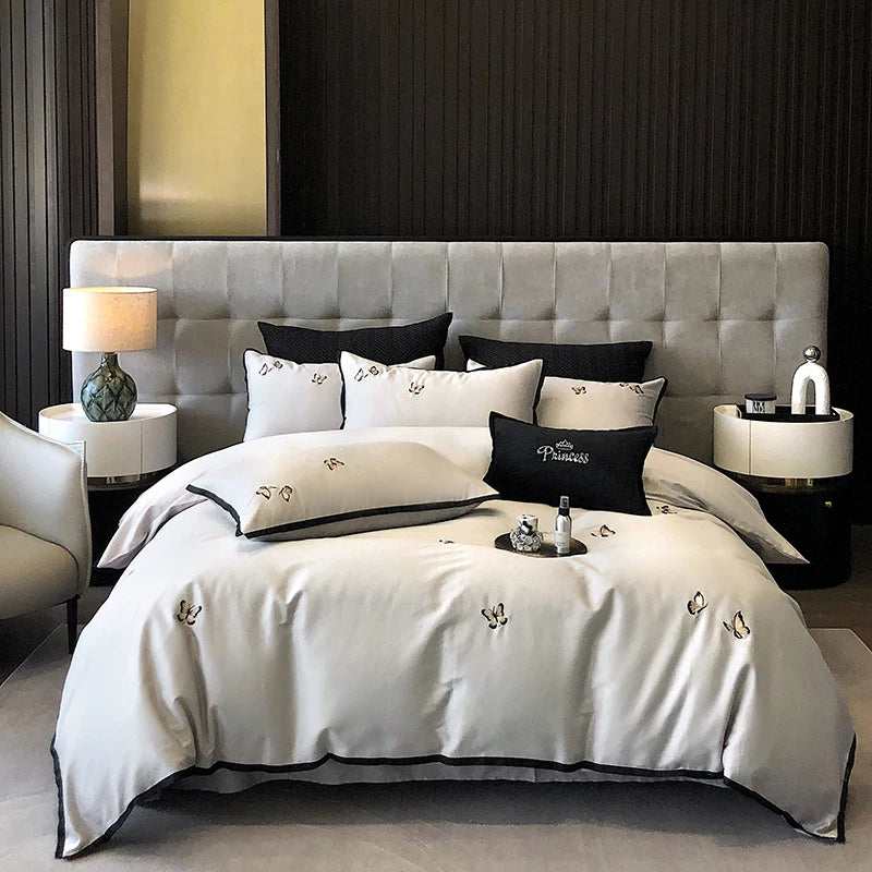 600TC Egyptian Cotton Chic Butterfly Embroidery Bedding Set 100% Cotton Duvet Cover Set Flat/Fitted Bed Sheet Pillowcases 4Pcs