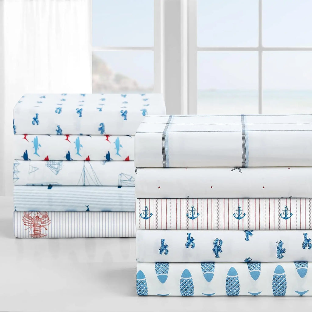Full Size Cotton Percale Sheet Sets, Crisp & Cool Bedding in Whale Stripe Blue for Coastal Home Decor
