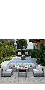 7 Pieces Outdoor PE Wicker Furniture Set Patio Rattan Sectional Conversation Sofa Set with Khaki Cushions and Glass Top T