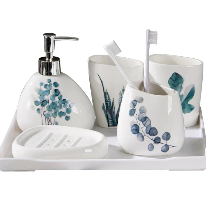 Green Nordic Ceramic Bathroom Set - Soap Dispenser, Toothbrush Holder, Tumbler & Soap Dish for Stylish Bathroom Organization