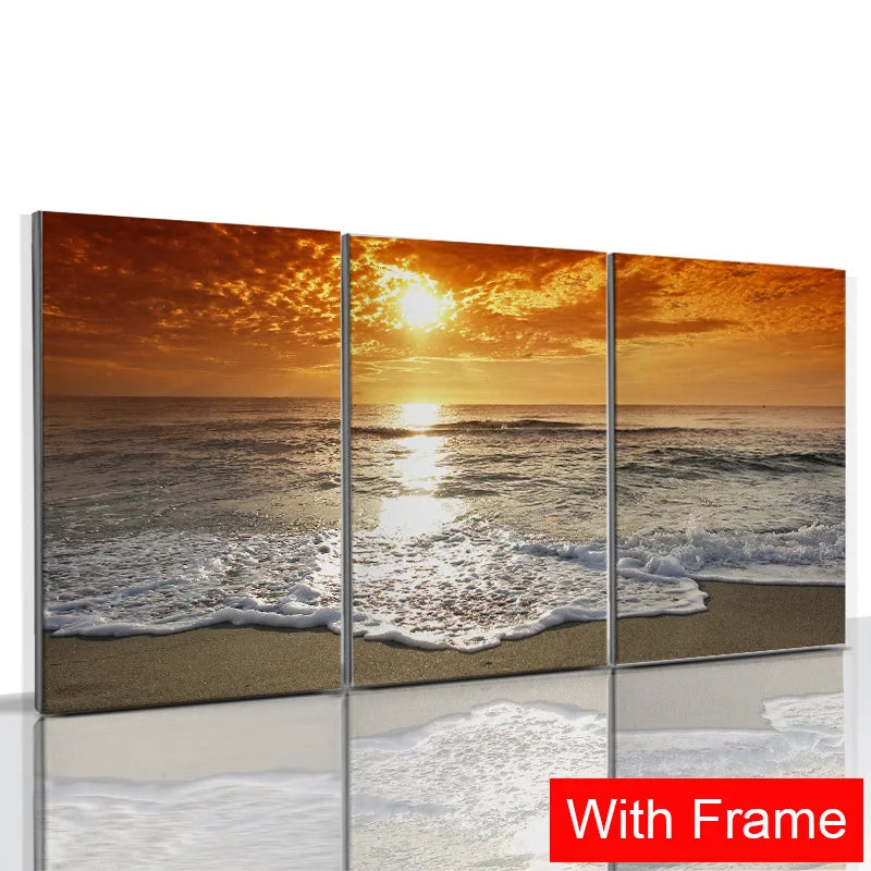 3pcs Framed Seaside Scenery Wall Art Canvas Painting Nordic Beach Sunset Print Poster Modern Living Room Home Decor Mural