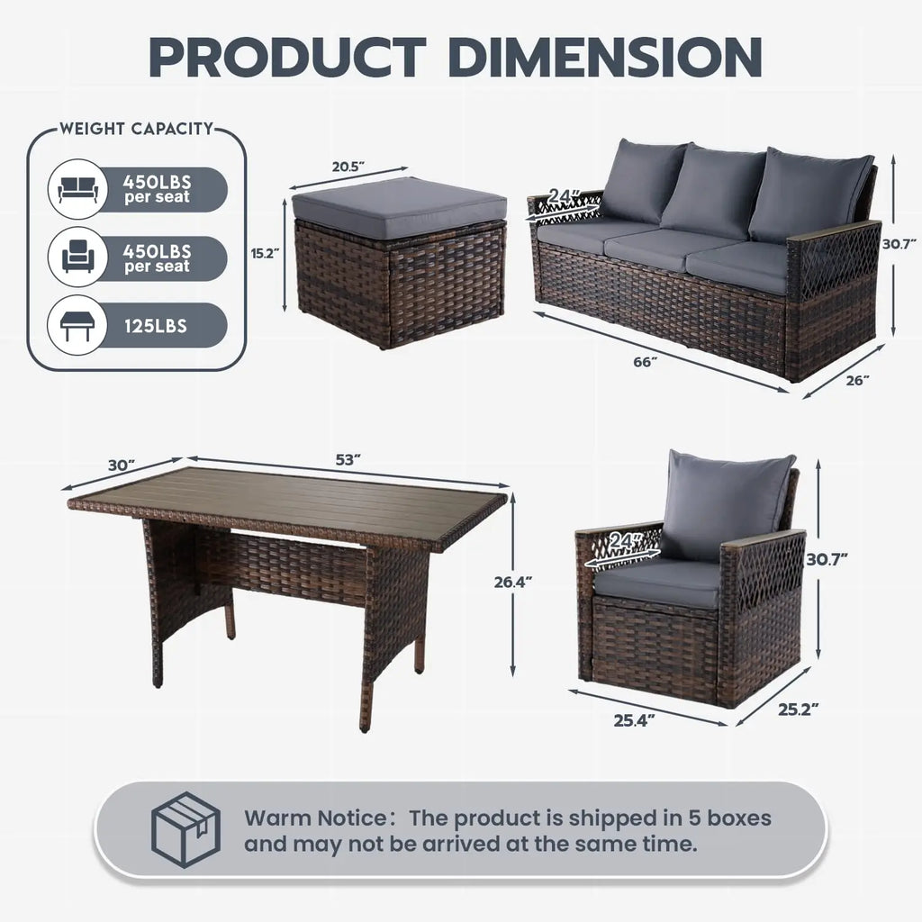 8pc Patio Set Wicker Chairs Ottoman 3 Seat Sofa Dining Table All Weather Cushion High Back Garden Backyard,Custom
