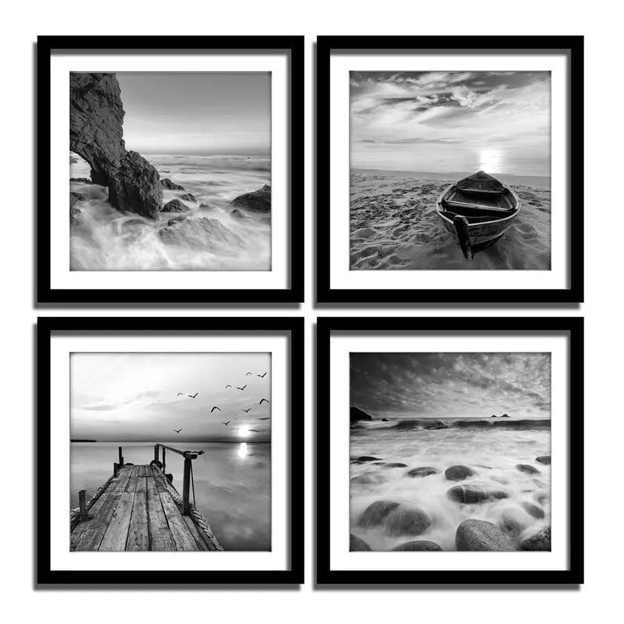 Panels Set Framed Canvas Print for Seascape Beach and Boat Sunrise Scenery Black and White Giclee Canvas Print Wall Art Ready to