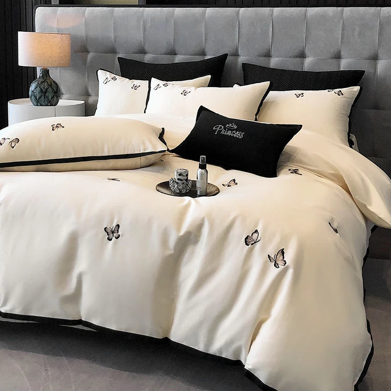 600TC Egyptian Cotton Chic Butterfly Embroidery Bedding Set 100% Cotton Duvet Cover Set Flat/Fitted Bed Sheet Pillowcases 4Pcs