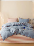 Blue Protein Durable Washed Cotton Bedding Set Striped Color Block Shell Embroidery Comforter Cover with Standard Pillowcases